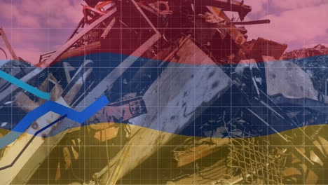 animation of armenia flag and line graphs moving over scrap metals at junkyard