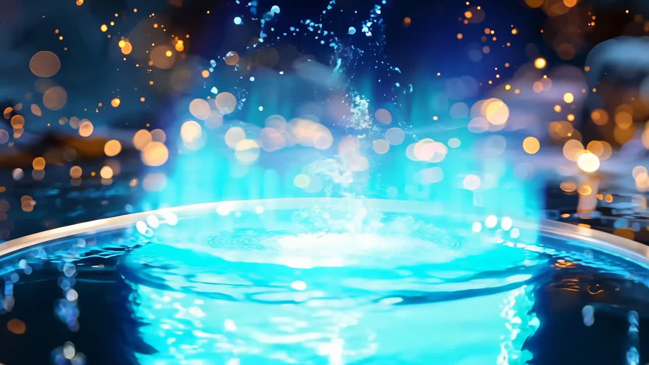 A blue circle with water flowing out of it. The water is illuminated and the circle is surrounded by rocks