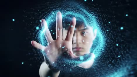 a captivated individual interacts with a mesmerizing digital swirl of particles, showcasing a fusion of technology and human emotion in a futuristic environment