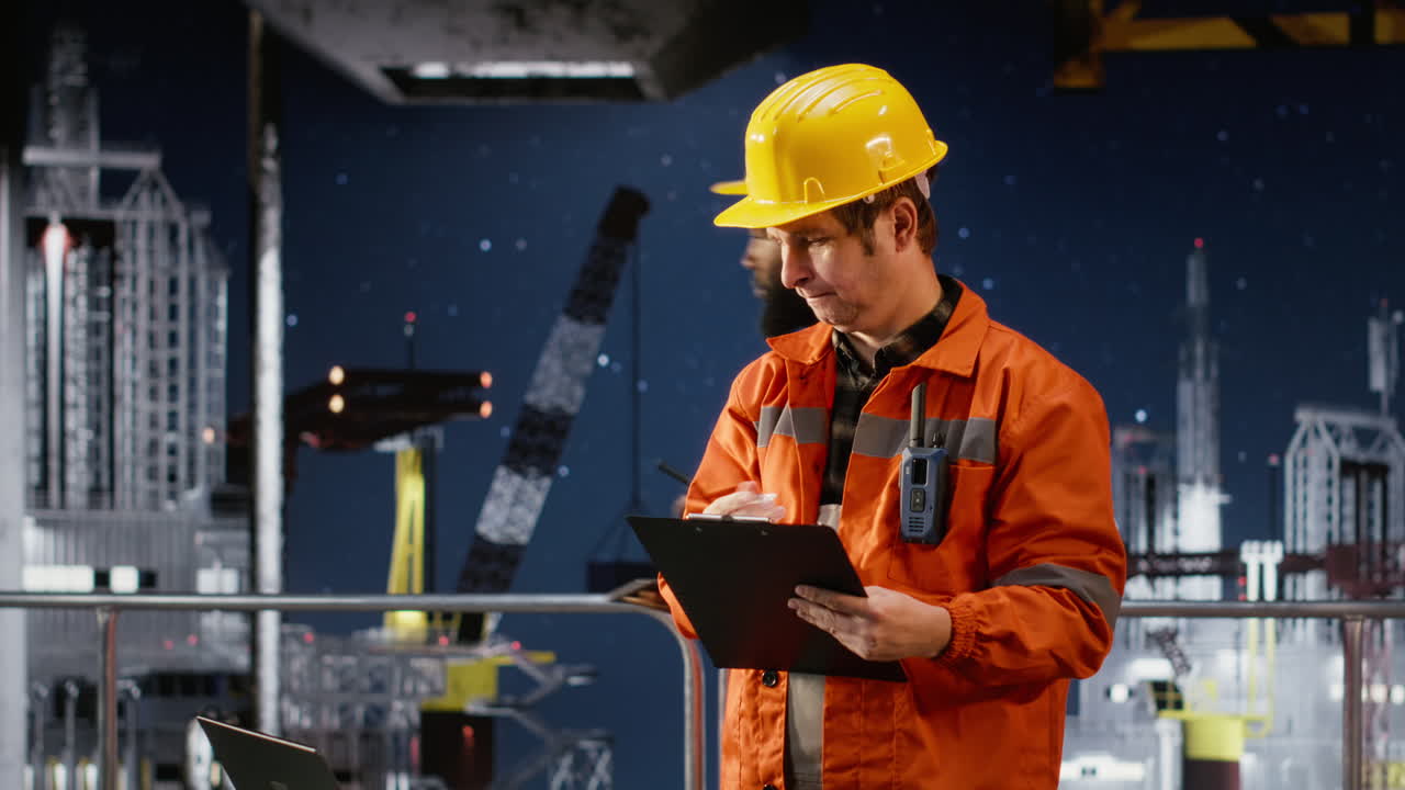 Oil rig platform worker takes notes and monitors drilling operations ...