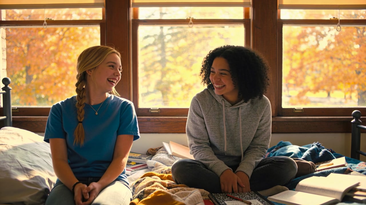 Exchanging glances, students laughing on bed in dorm on break, wearing jeans, hoodie with books