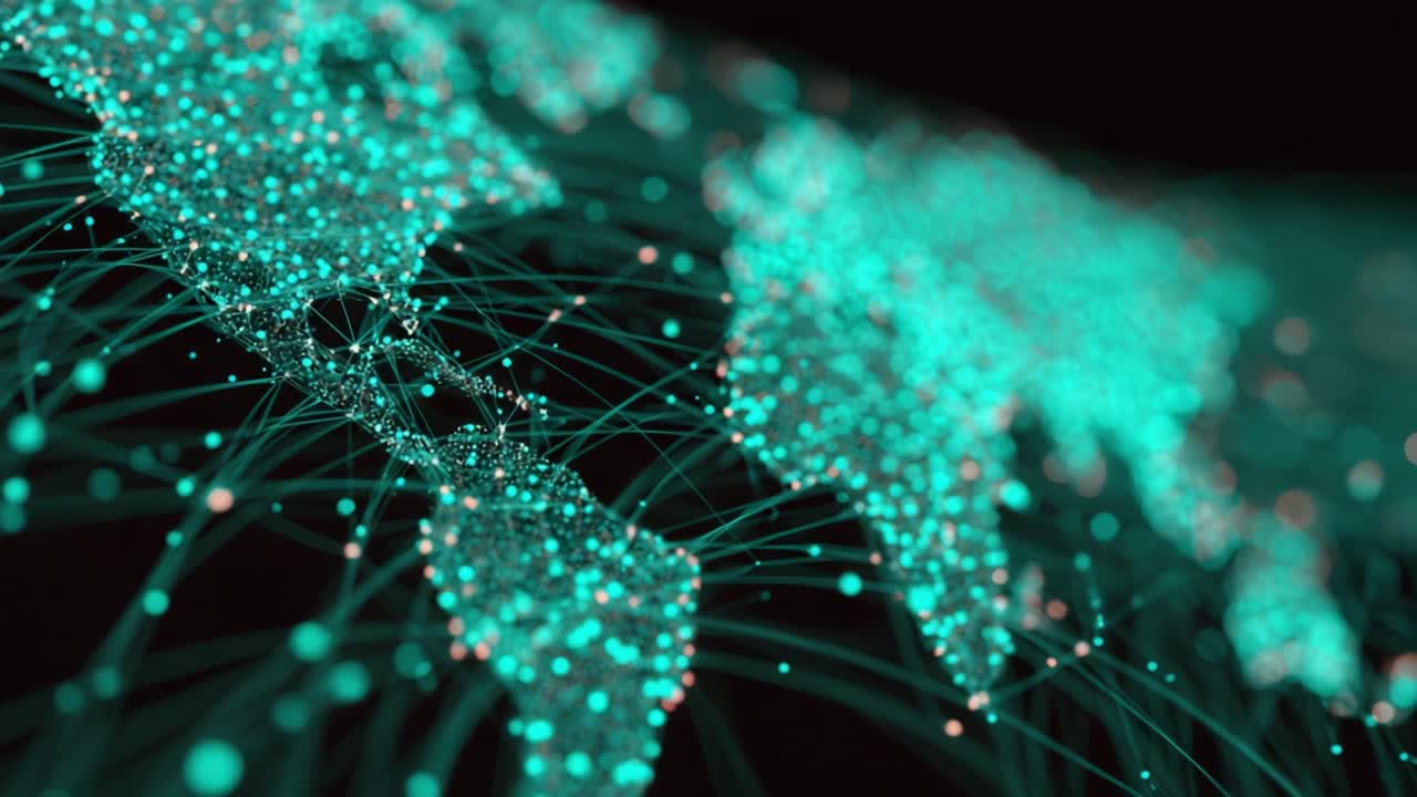 Abstract cyan digital world map with glowing particles and connected lines representing a futuristic global network of data, information, finance, communication, and modern technology