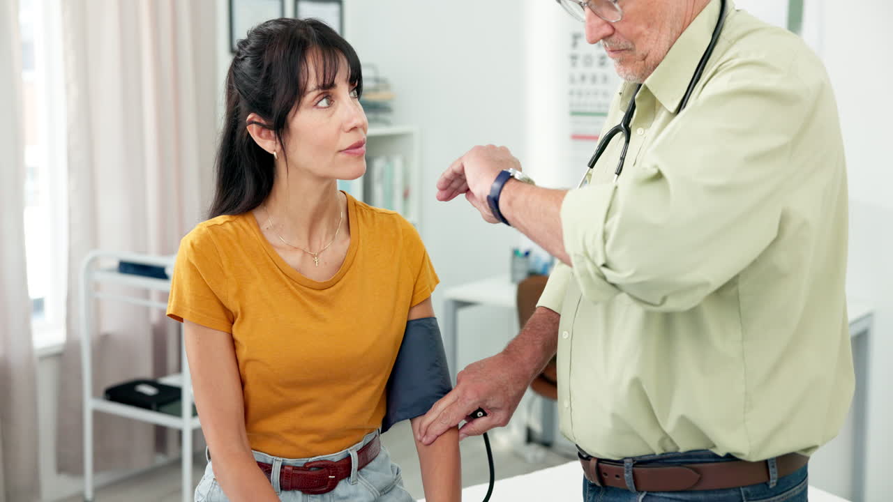 Doctor Taking Young Woman's Blood Pressure in Clinic