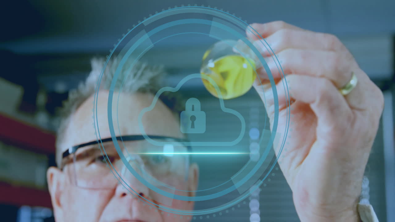 Senior male scientist inspecting yellow liquid flask in lab, featuring tech cloud lock overlay