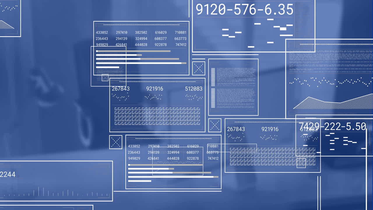 Animation of data processing over office desk with computer
