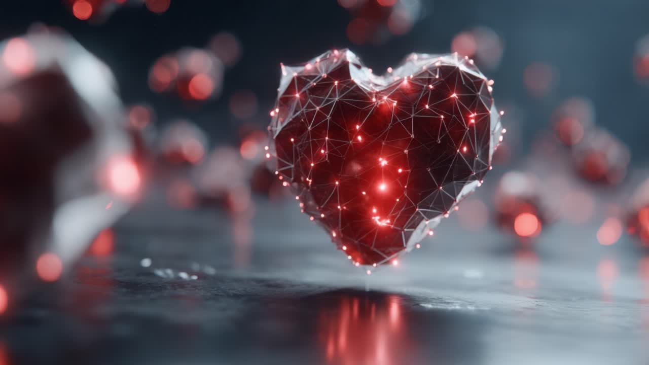 A Captivating Glimpse of a Glowing Geometric Heart Amidst a Creative Display of Shimmering Red Elements, Representing Love and Connection in a Visual Masterpiece