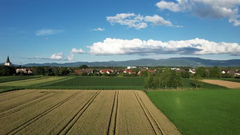 Drone-flight-above-a-cornfield-near-a-village