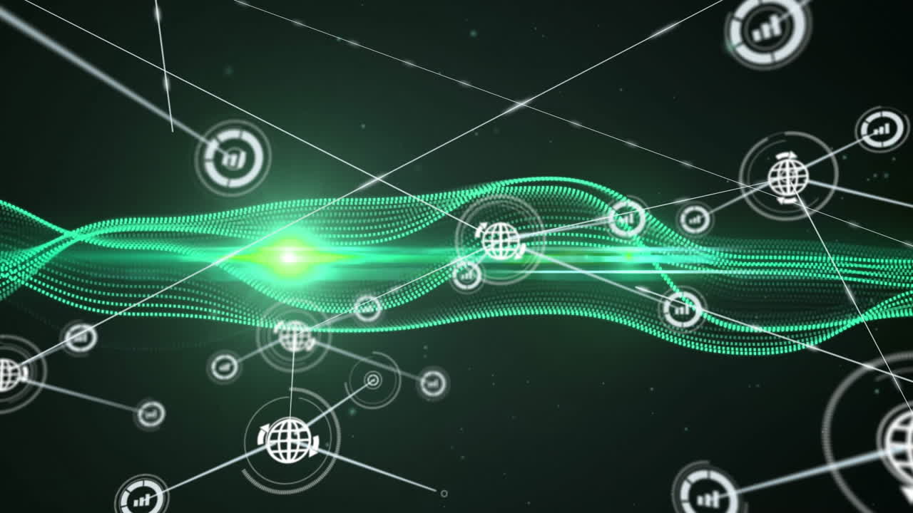 Green waveforms and interconnected icons, digital network animation