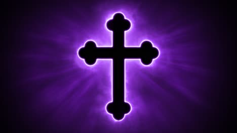 uplifting and deeply inspiring reveal animation of an ornate and holy purple christian crucifix cross, in a smoky mystical glow and emating shining god rays and light beams, on a black background