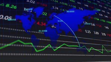 animation of financial data over world map on black background