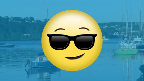 smiling face with sunglasses animation over boats docked at marina