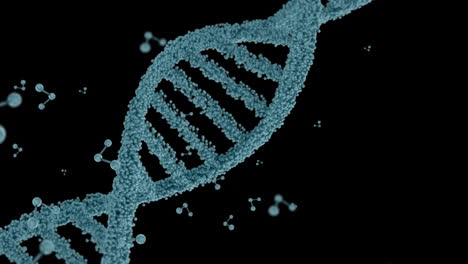 animation of molecules floating and dna strand on black background