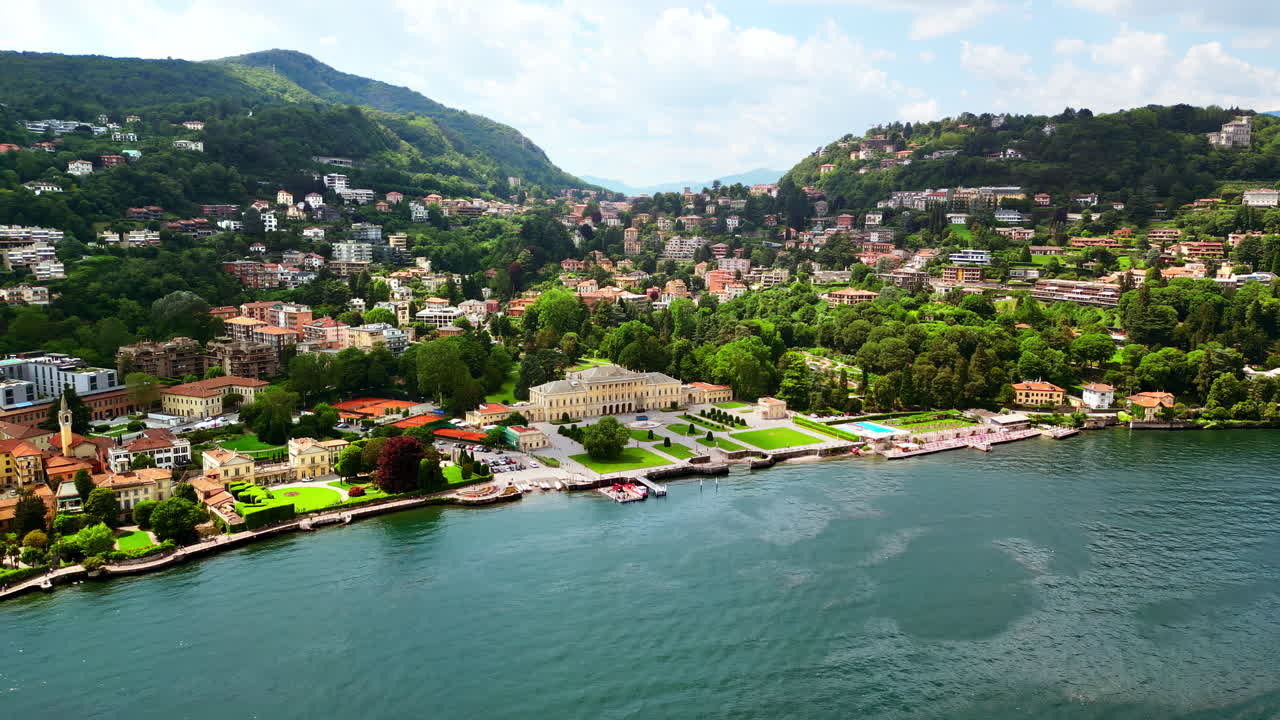 Aerial, drone view of Como, Italy on the shore of Lake Como