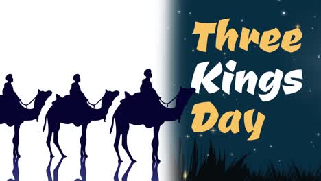 animation of three kings day text over kings and camels silhouettes