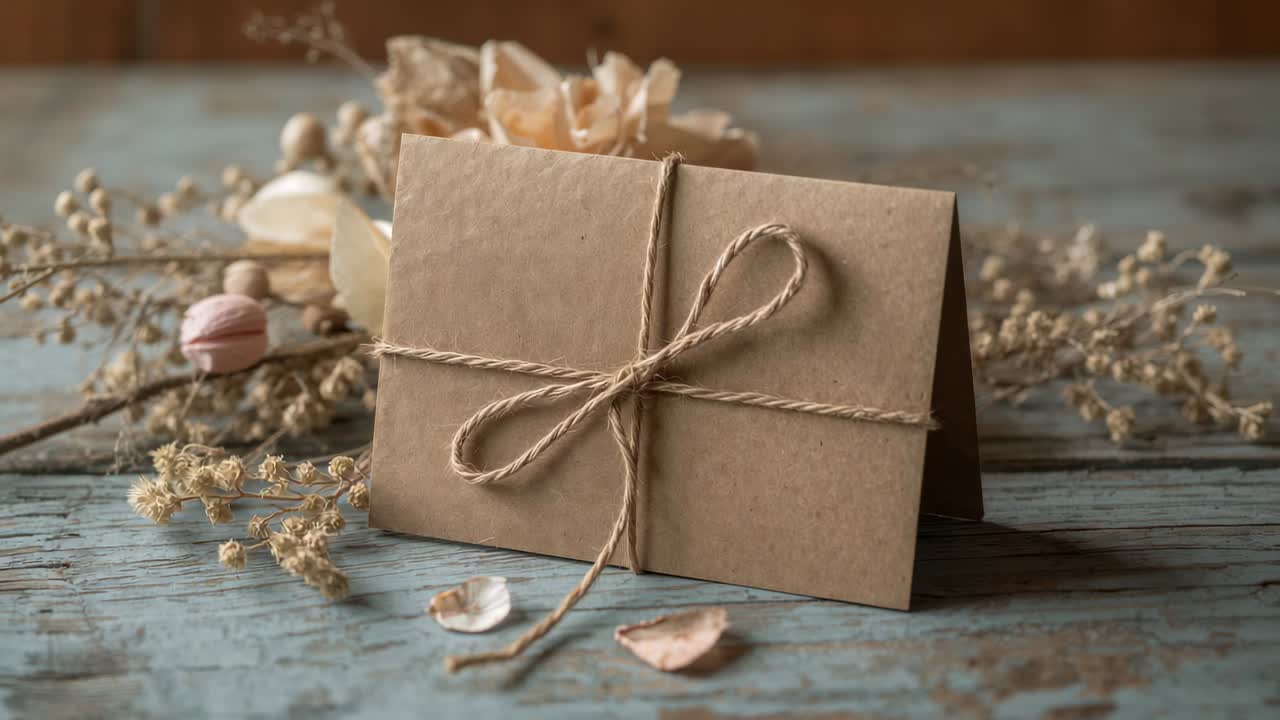 Spostamento della camera in avanti, cambio di messa a fuoco su un cartoncino kraft con fiocco in spago su superficie blu, con petali in mostra