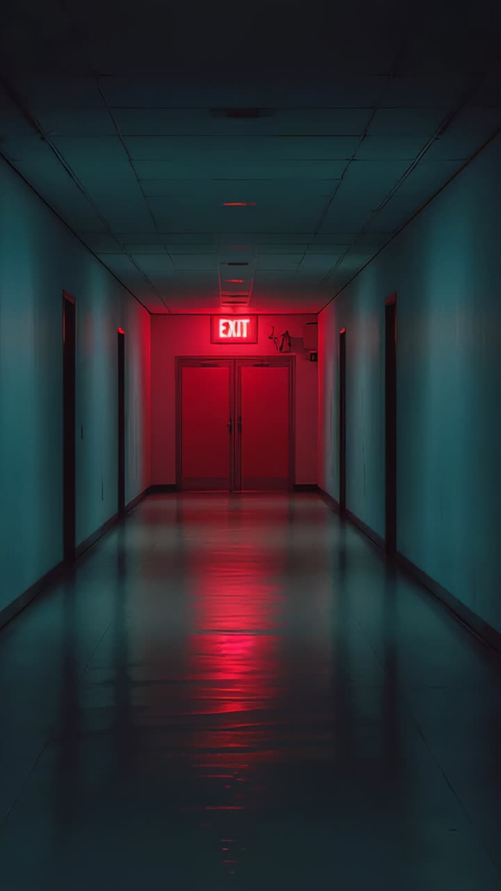 Vertical video: Glowing EXIT sign above double doors casting red reflection down corridor for exit