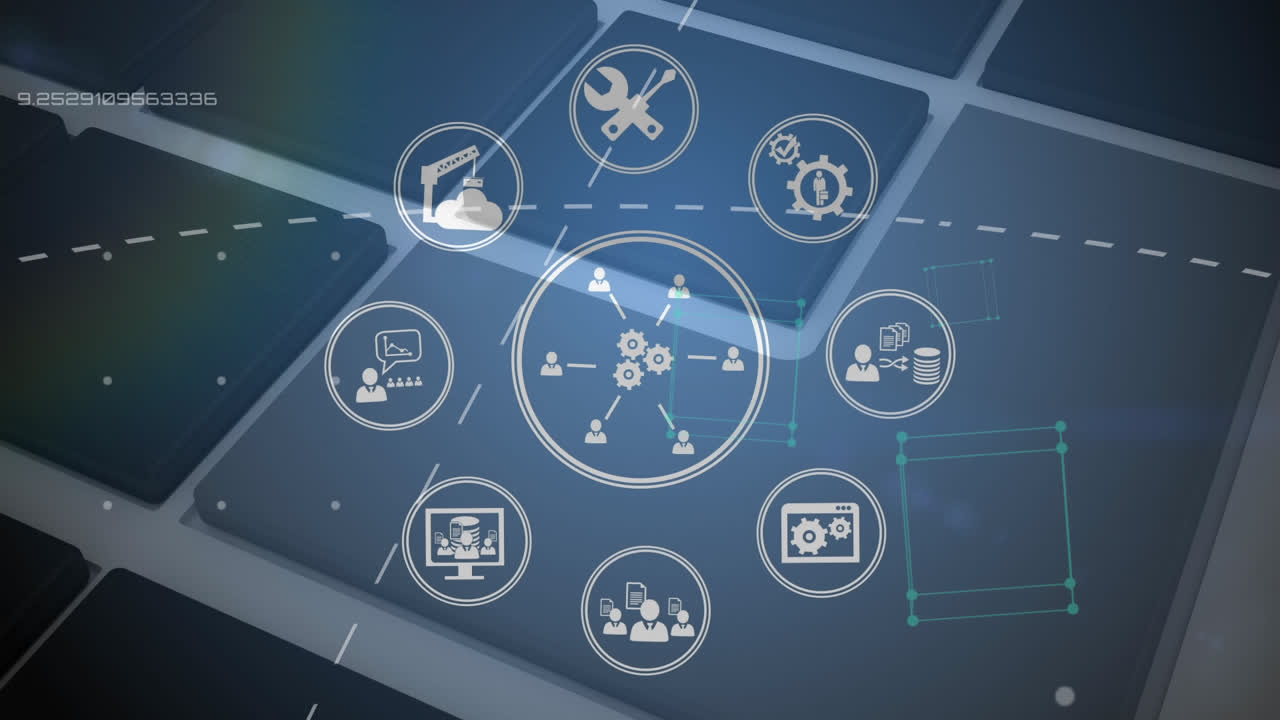 Animation of digital online icons over computer keyboard on grey background