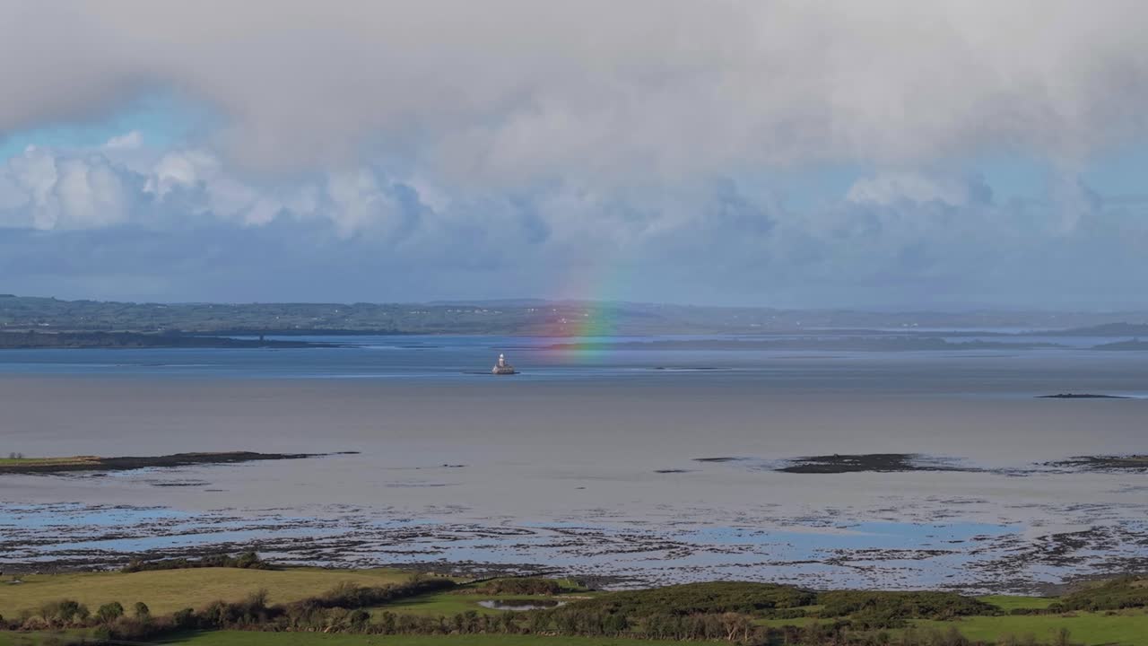 Beautiful Rainbow In Shannon Estuary In Ireland. - aerial shot