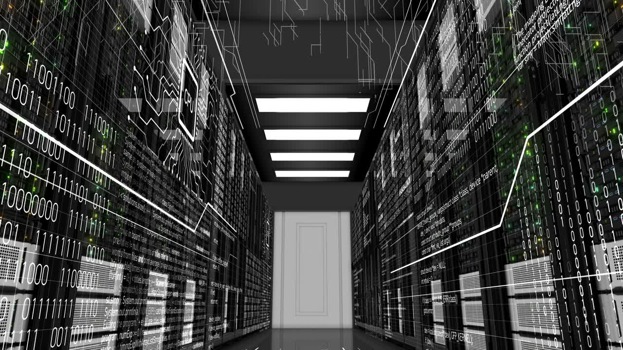 Moving Through the Working Rack Servers in Modern Datacenter. Cloud Computing Data Storage. Complex Calculations. Looped 3d animation. 4k Ultra HD 3840x2160.