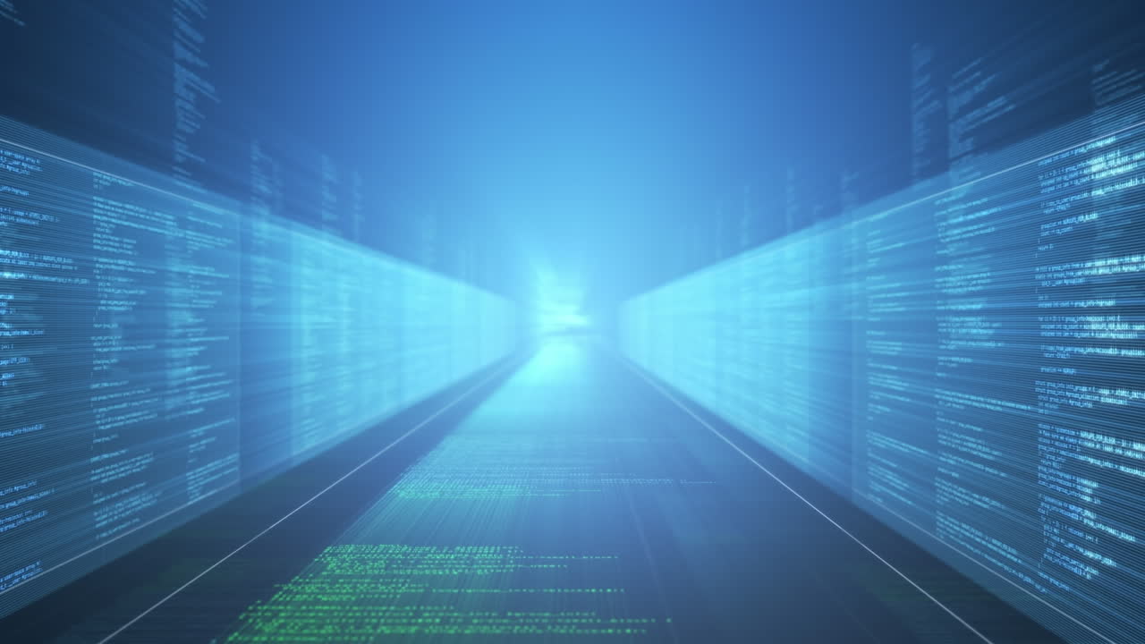 animazione dell'elaborazione dei dati in prospettiva su sfondo blu