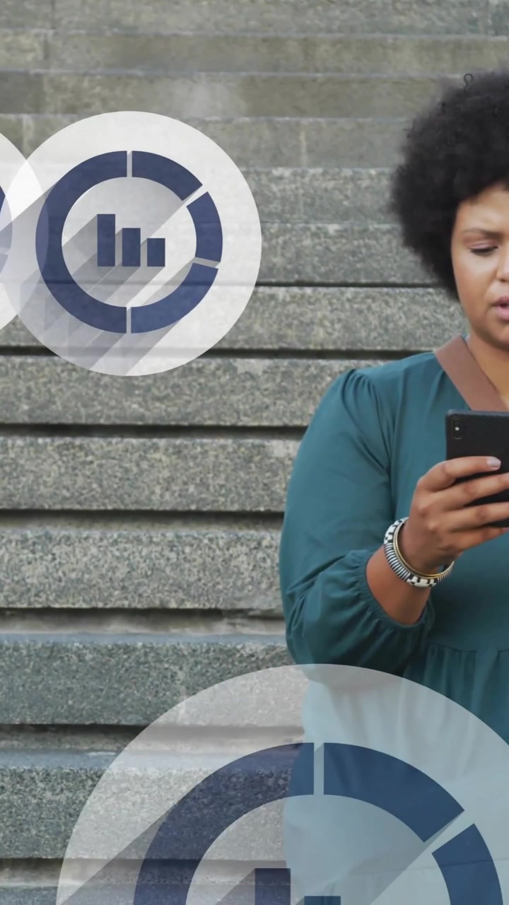 Animation of statistics icons over african american woman using smartphone