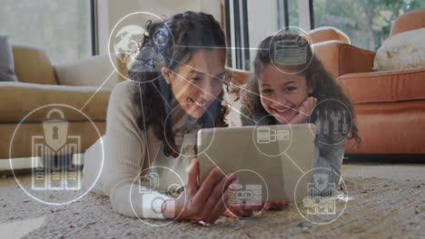 using tablet, mother and child exploring animation with digital network icons
