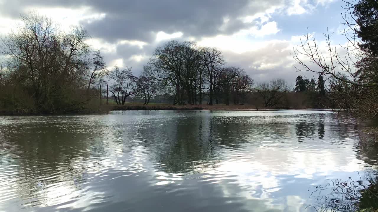 Scenic river trees landscape reflecting blue sky in rippled water furface