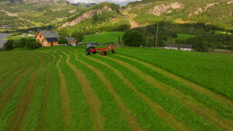 tractor cutting grass silage in the field near stavanger in norway