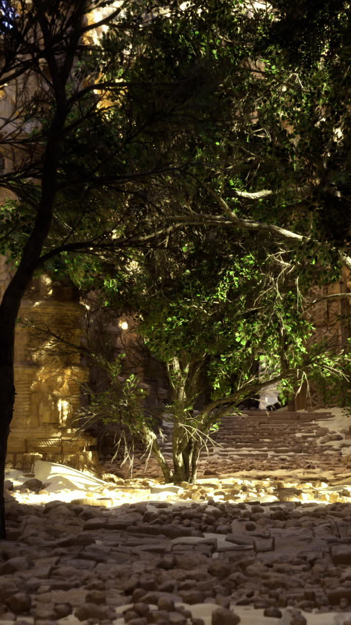 Ancient ruins enveloped by lush greenery in a serene setting