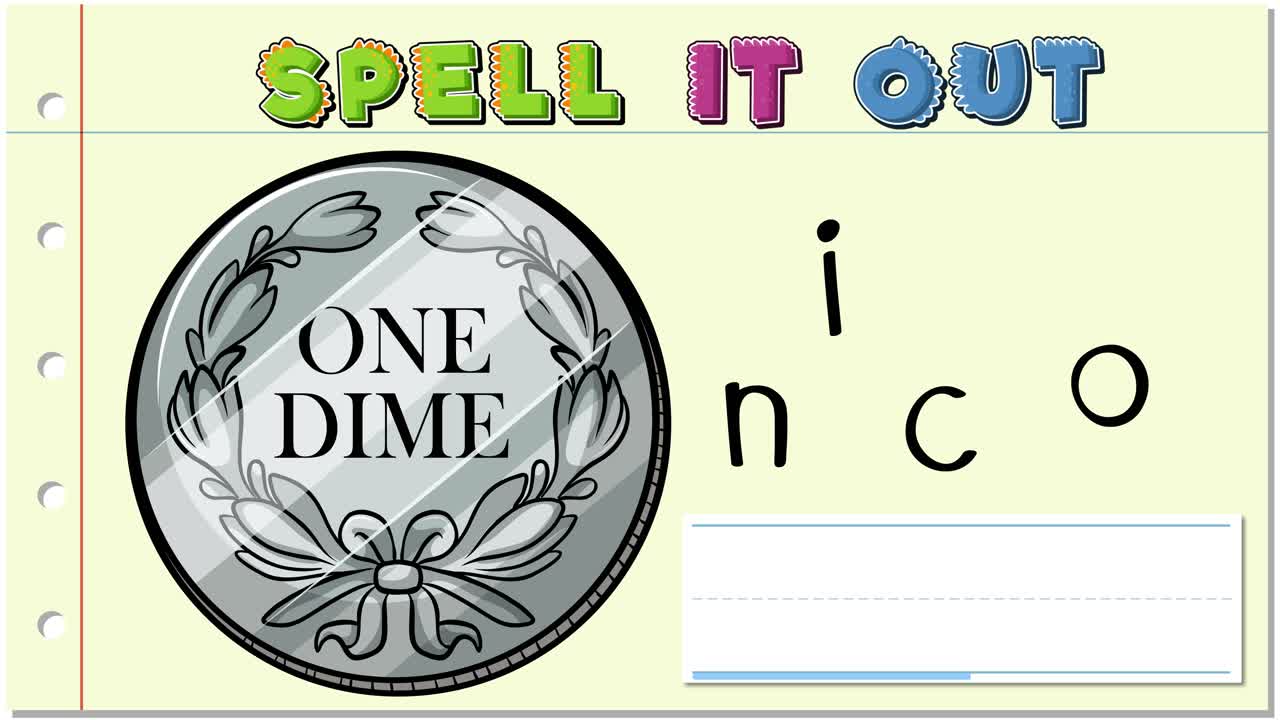Educational animation with a dime and letters forming 'coin'. Bright colors, playful style, engaging for children