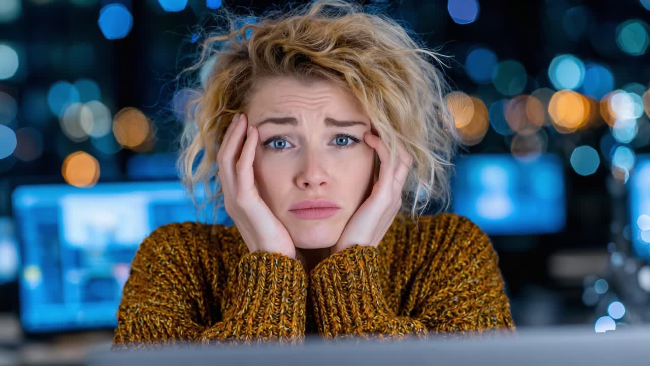 A distressed woman expressing anxiety and concern in a modern workspace, surrounded by technology, highlighting themes of stress and emotional struggle in a fast-paced environment