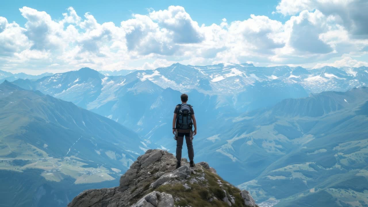 Adventurous hiker overlooking alpine landscape, wearing backpack, experiencing panoramic mountain scenery with snow peaked ranges and verdant valley
