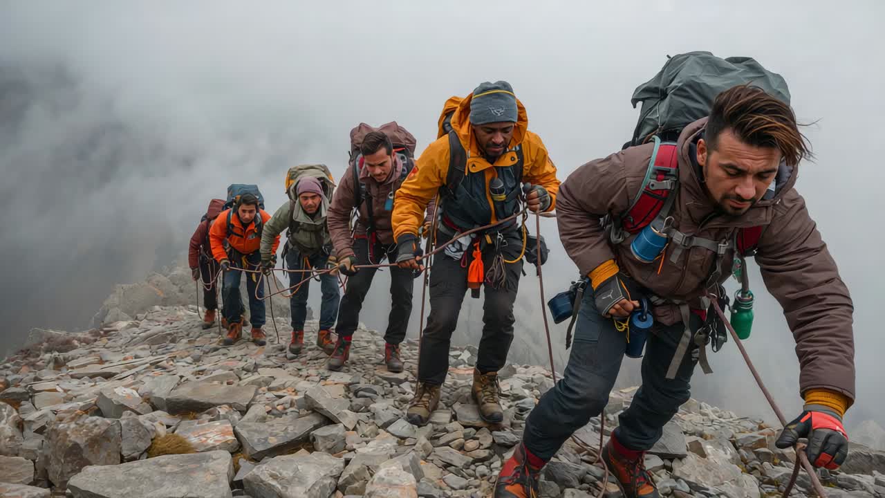 Cinco alpinistas escalando com cordas, puxando a corda na crista para avançar, líder segurando a corda e usando casacos quentes