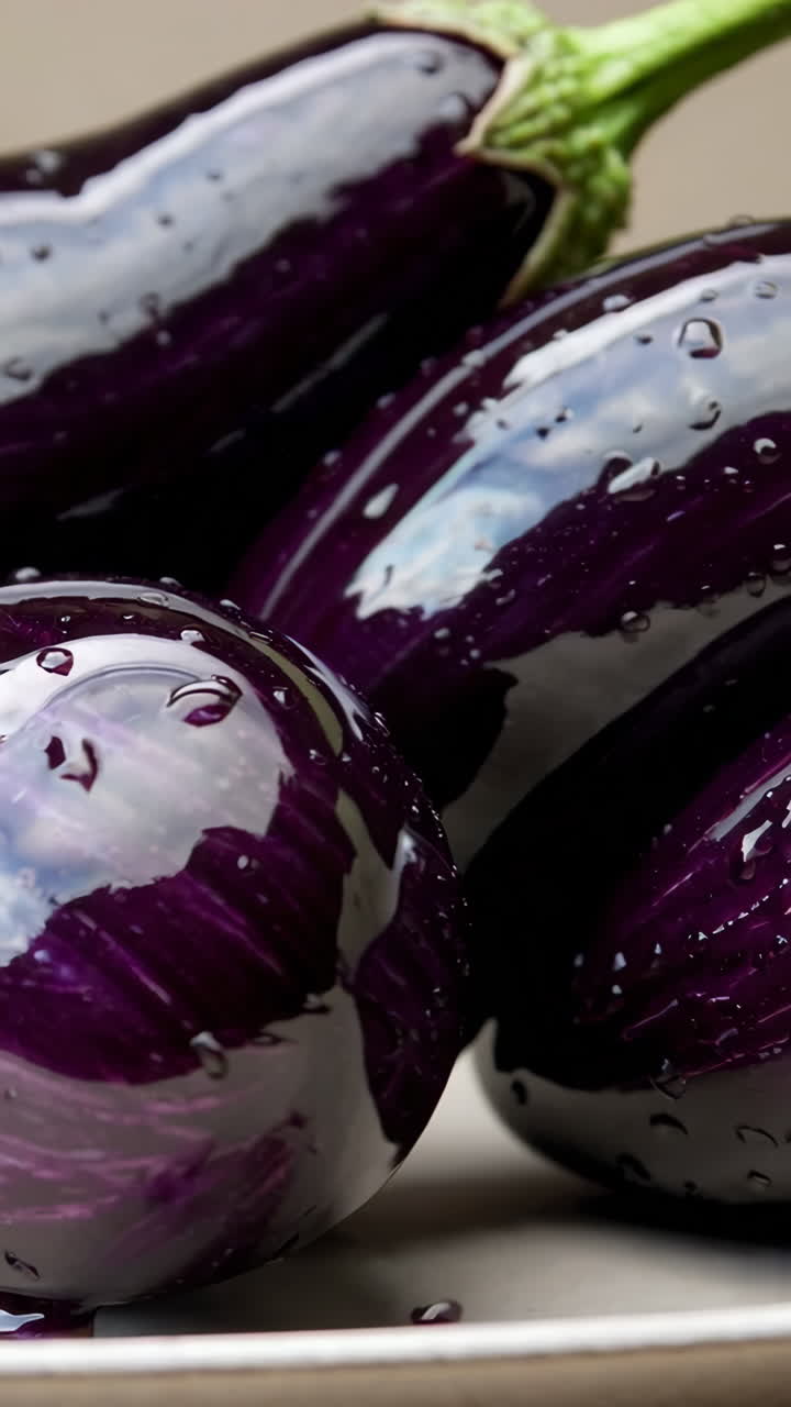 Fresh Purple Eggplants with Water Droplets