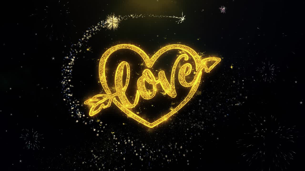 Golden Heart with Love Text and Fireworks