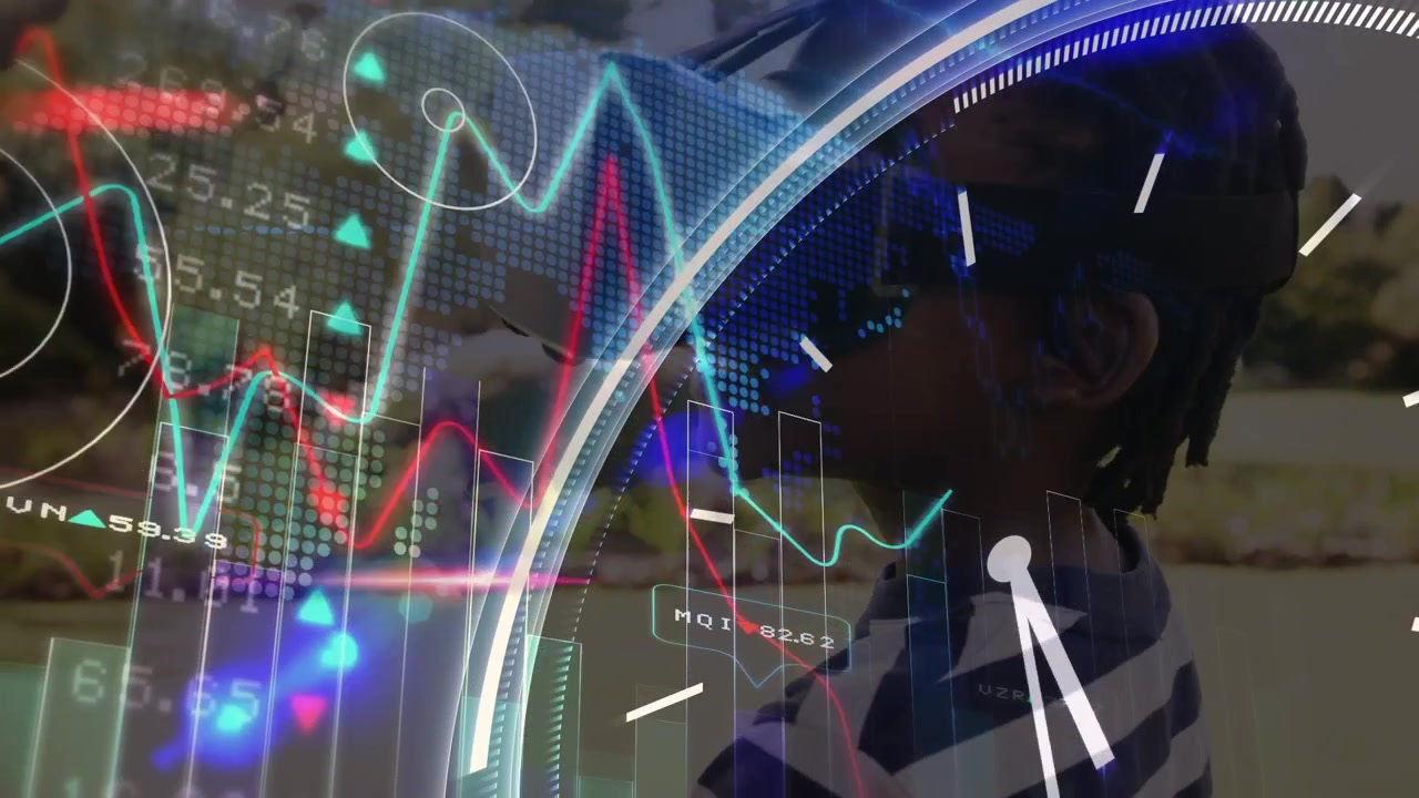 Animation of data processing with globe over boy using vr headset