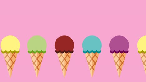 helados fluyentes en un fondo rosado, bola de crema en waffle en forma de cono. movimiento de bucle sin costuras. copia el espacio para su texto