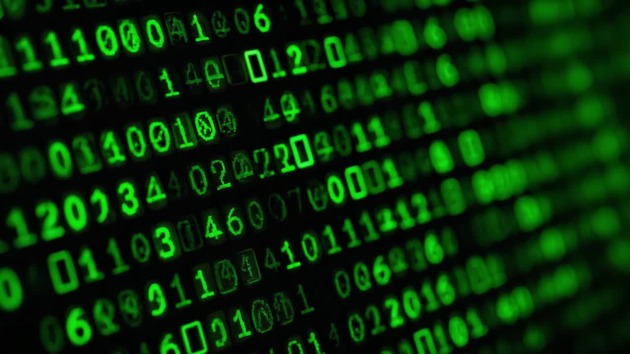 A Deep Dive into the World of Digital Data: An Intricate Display of Neon Green Binary Code Pulsating on a Dark Screen, Representing the Essence of Modern Computing