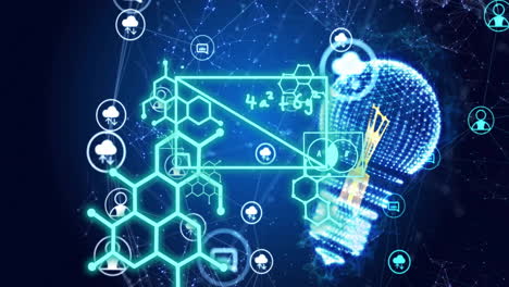 animation of element diagrams over light bulb and data networks on blue