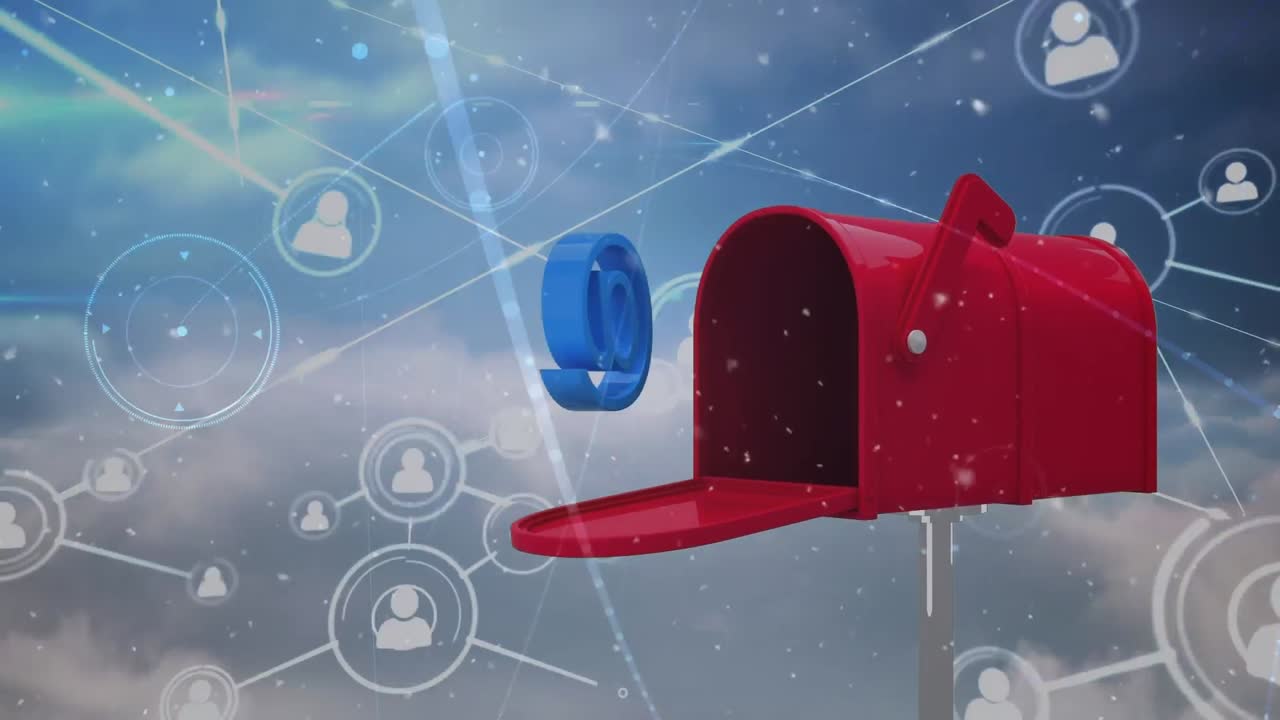 анимация сети связей с людьми значки с красным почтовым ящиком над небом