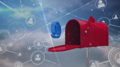 animation of network of connections with people icons with red letterbox over sky