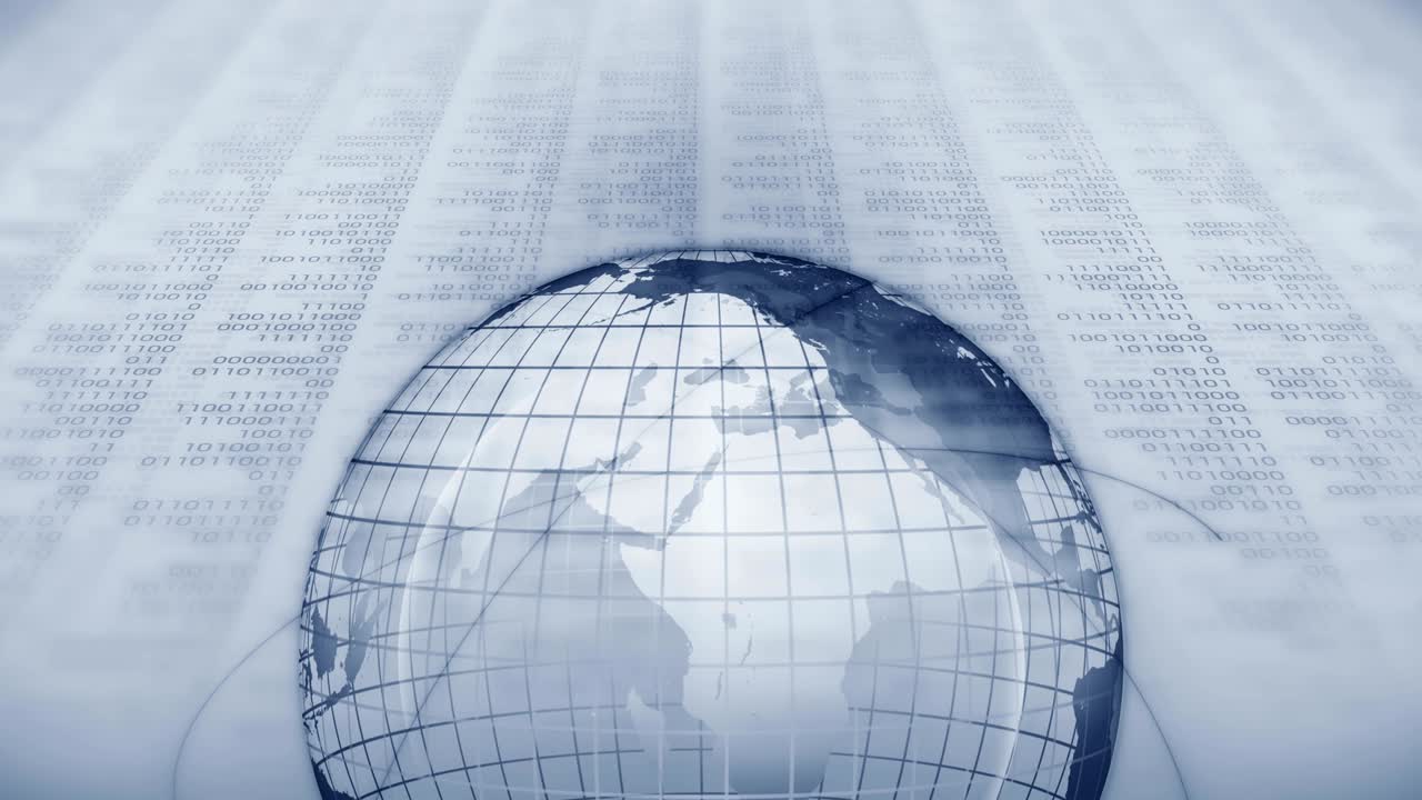Planet earth with background of binary digits. Binary numbers around global earth. High tech technological loop animation. Number zero and one.