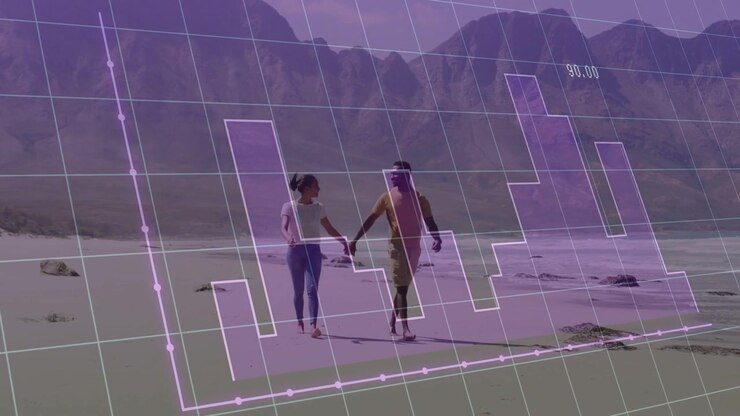 Couple holding hands walking to lens on sand, purple grid starting charts around pair for analytics