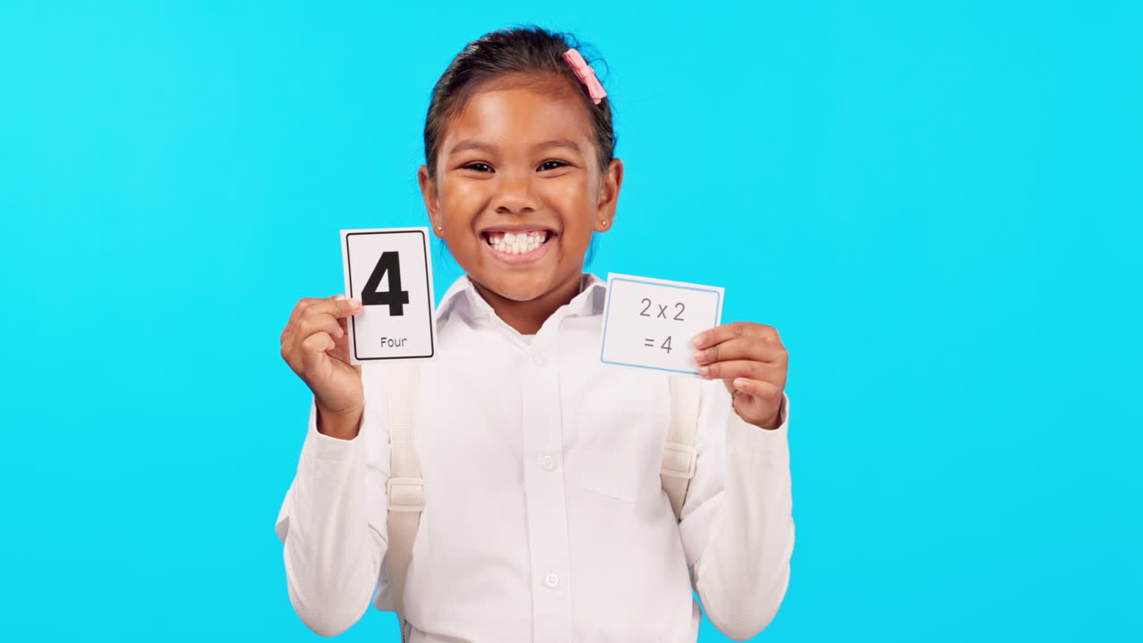 Face, math education and girl with cards in studio