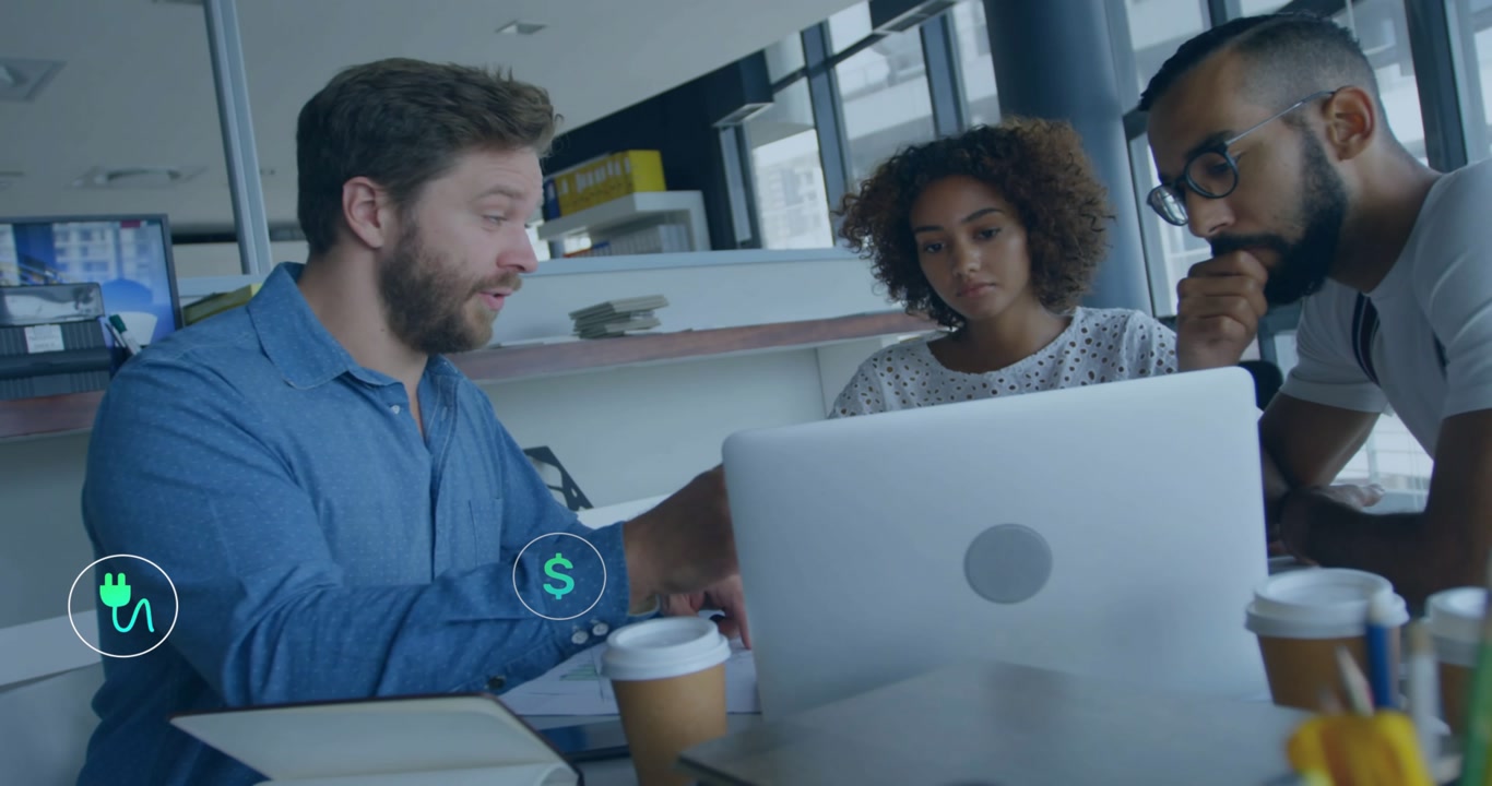 3-person team at laptop, man pointing and typing, energy dollar icons clustering, showing CO2 cost