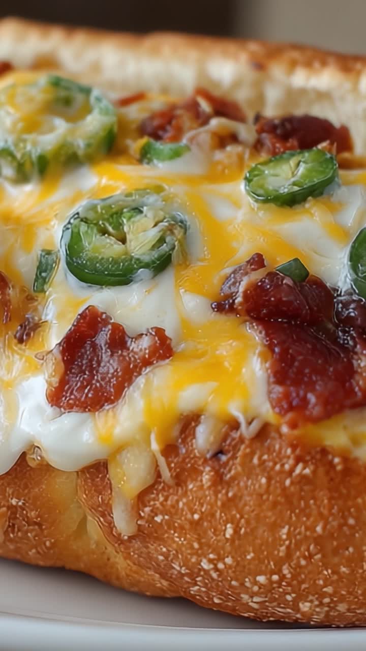 Squisito piatto al forno con pancetta croccante, cheddar fuso e jalapeños freschi, servito su un panino dorato, perfetto per un'indulgenza gourmet