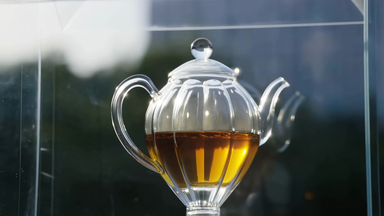 Teiera di vetro trasparente si erge su un piedistallo all'interno di una luminosa teca espositiva, riempita con un liquido ambrato caldo che brilla attraverso le pareti trasparenti, creando riflessi, luci, sfocatura morbida, decorativo premium
