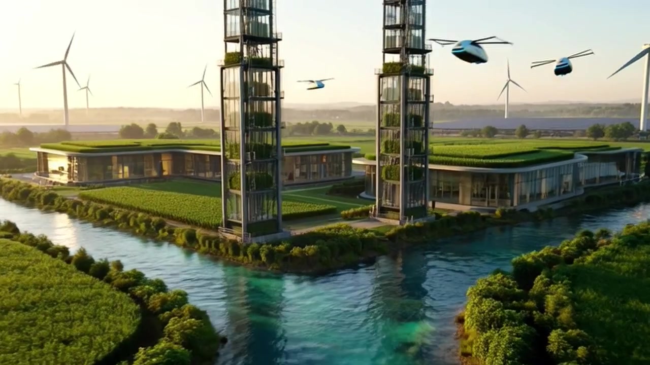 Futuristic Eco-Friendly City with Flying Vehicles and Sustainable Architecture