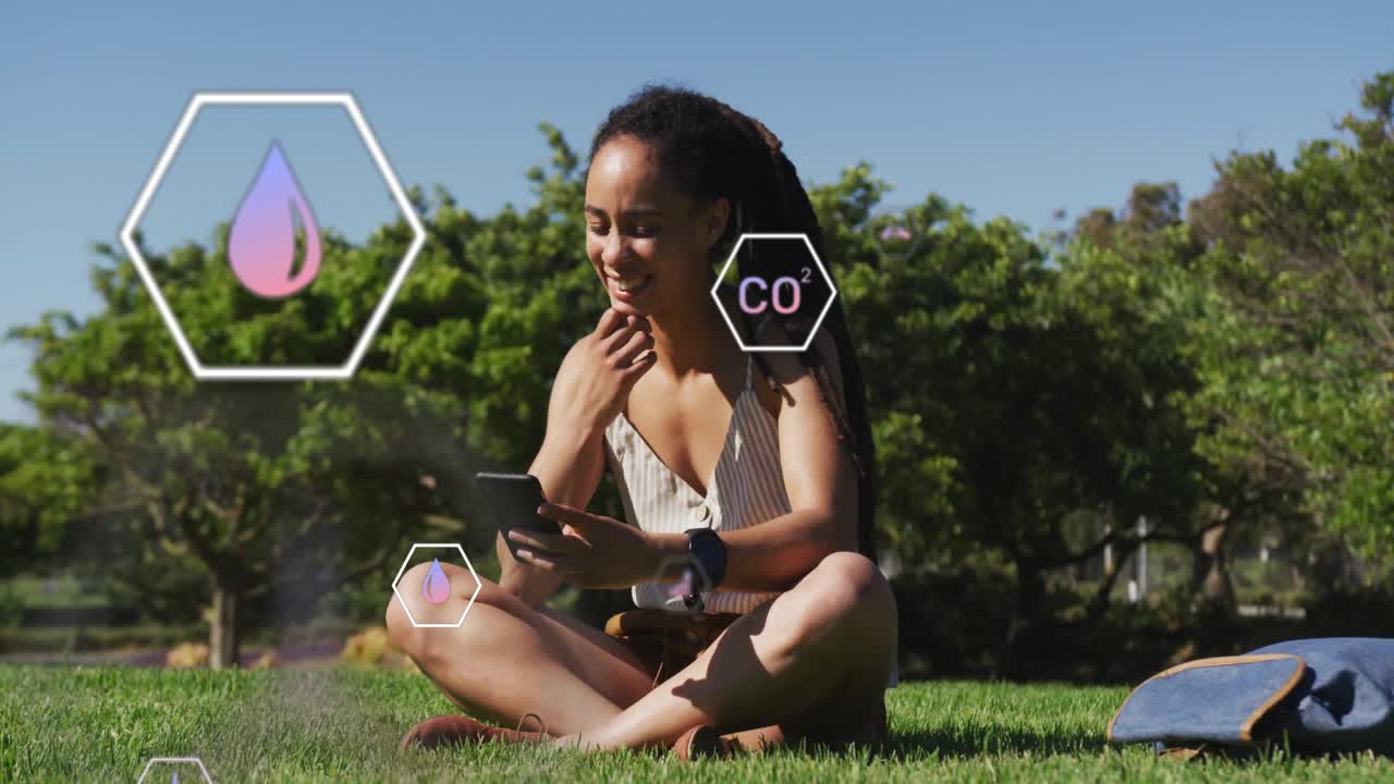 Woman entering bright park, opening app and displaying floating hexagonal environmental data panels