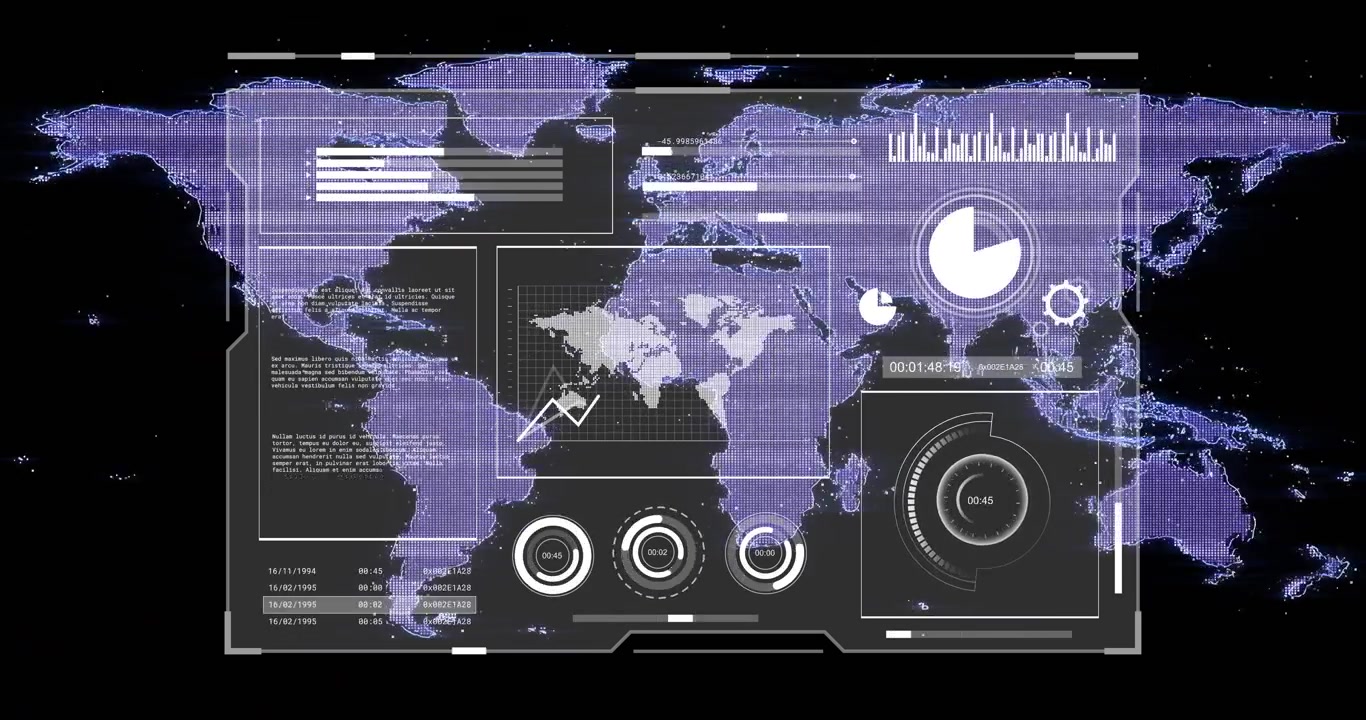HUD panel receiving live analytics feed, animating world map, rising line chart, rotating gauge